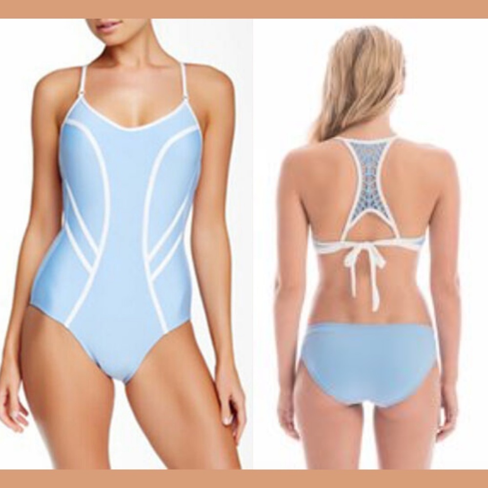 NWT Robin Piccone Britt Scuba Laser Cut Contrast Trim One Piece Blue [SZ 8] #701